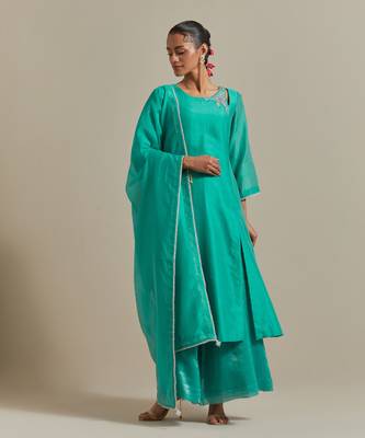 Aqua-blue a-line chanderi handloom kurta set 1