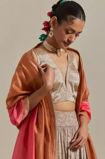 The Beige Zari Blouse With Gathered Skirt