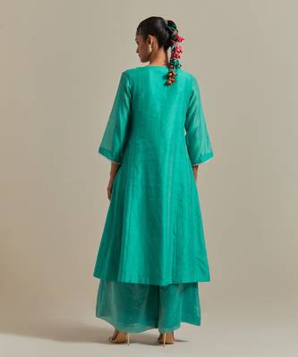 Aqua-blue a-line chanderi handloom kurta set 2