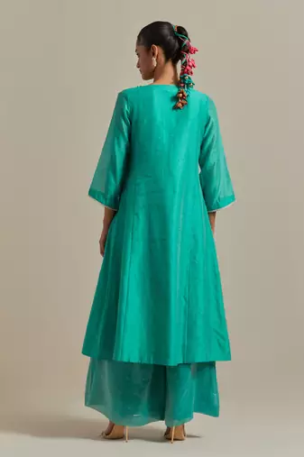Aqua-blue a-line chanderi handloom kurta set