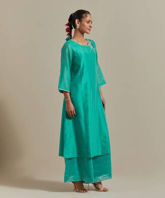 Aqua-blue a-line chanderi handloom kurta set 3