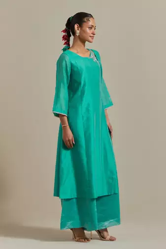 Aqua-blue a-line chanderi handloom kurta set