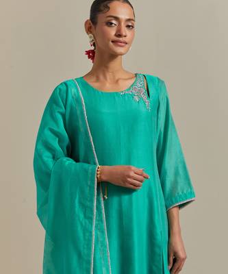 Aqua-blue a-line chanderi handloom kurta set 4