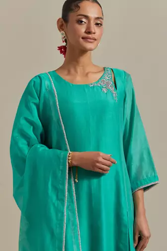 Aqua-blue a-line chanderi handloom kurta set
