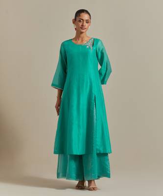 Aqua-blue a-line chanderi handloom kurta set 5
