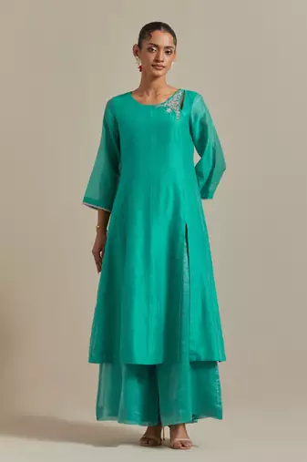 Aqua-blue a-line chanderi handloom kurta set