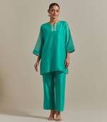 Aqua-blue chanderi handloom embroidered short kurta pant set