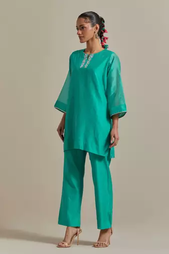 Aqua-blue chanderi handloom embroidered short kurta pant set