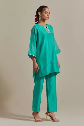 Aqua-blue chanderi handloom embroidered short kurta pant set