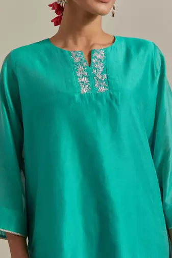 Aqua-blue chanderi handloom embroidered short kurta pant set