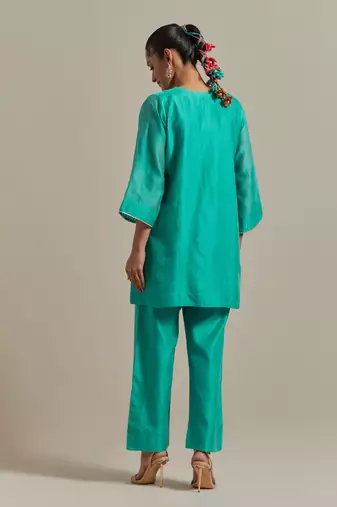 Aqua-blue chanderi handloom embroidered short kurta pant set