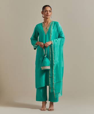 Aqua-blue embroidered handloom chanderi straight kurta set 1