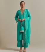 Aqua-blue embroidered handloom chanderi straight kurta set