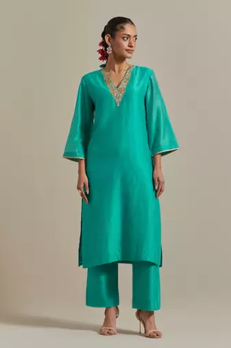 Aqua-blue embroidered handloom chanderi straight kurta set