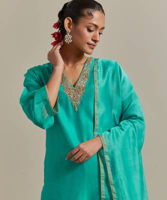 Aqua-blue embroidered handloom chanderi straight kurta set 3