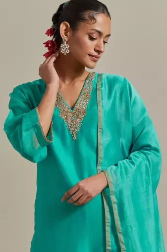 Aqua-blue embroidered handloom chanderi straight kurta set