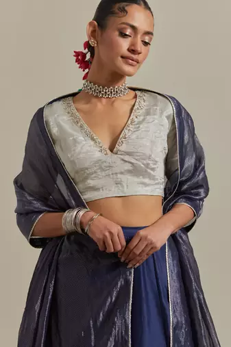The Blue Chanderi Skirt With The Intricate Zardozi Embroidery