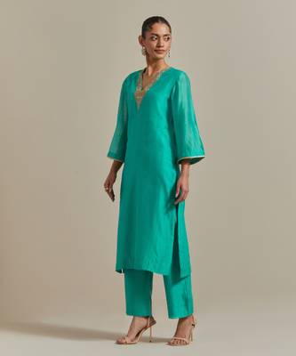 Aqua-blue embroidered handloom chanderi straight kurta set 4