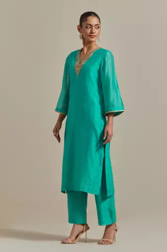 Aqua-blue embroidered handloom chanderi straight kurta set