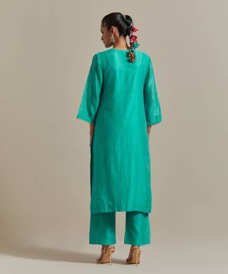 Aqua-blue embroidered handloom chanderi straight kurta set 5