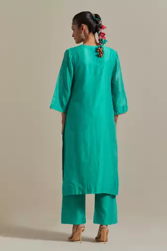 Aqua-blue embroidered handloom chanderi straight kurta set