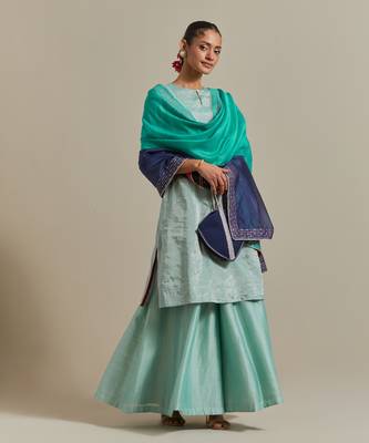 Aqua-blue embroidered handloom zari silk kurta set 1