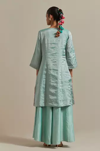 Aqua-blue embroidered handloom zari silk kurta set