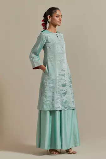 Aqua-blue embroidered handloom zari silk kurta set