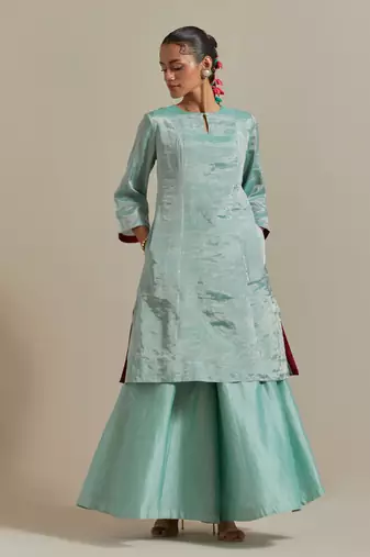 Aqua-blue embroidered handloom zari silk kurta set