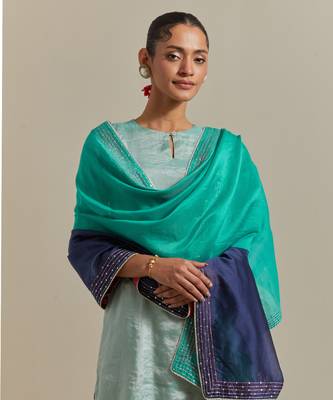 Aqua-blue embroidered handloom zari silk kurta set 5