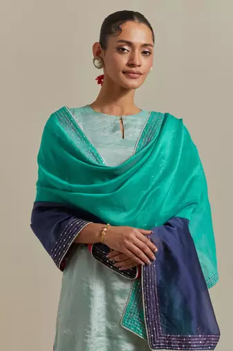 Aqua-blue embroidered handloom zari silk kurta set