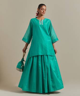 Aqua-blue chanderi handloom embroidered short kurta set 1