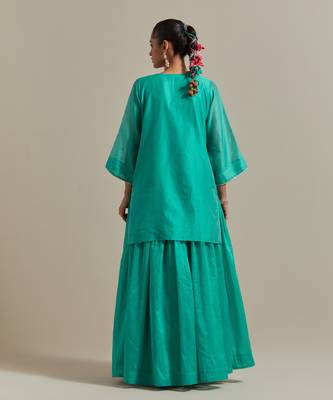 Aqua-blue chanderi handloom embroidered short kurta set 2