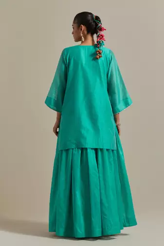 Aqua-blue chanderi handloom embroidered short kurta set