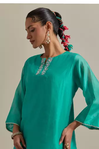 Aqua-blue chanderi handloom embroidered short kurta set