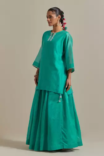Aqua-blue chanderi handloom embroidered short kurta set