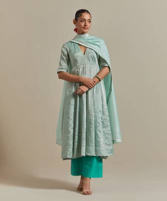 Aqua-blue paneled mint zari anarkali kurta set 1