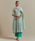 Aqua-blue paneled mint zari anarkali kurta set
