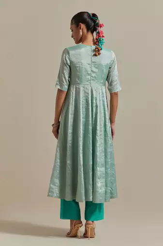Aqua-blue paneled mint zari anarkali kurta set