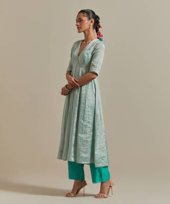 Aqua-blue paneled mint zari anarkali kurta set 3