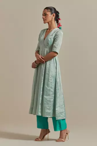 Aqua-blue paneled mint zari anarkali kurta set
