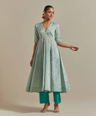 Aqua-blue paneled mint zari anarkali kurta set 4