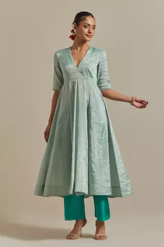 Aqua-blue paneled mint zari anarkali kurta set