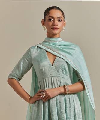 Aqua-blue paneled mint zari anarkali kurta set 5