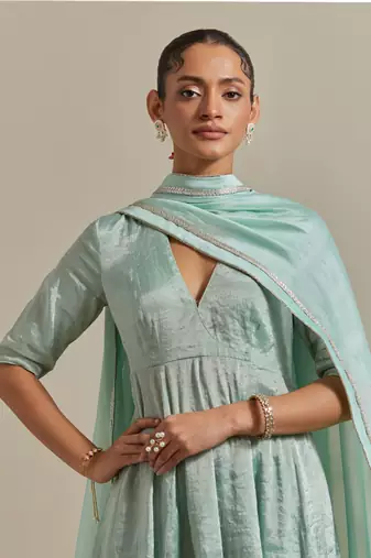 Aqua-blue paneled mint zari anarkali kurta set