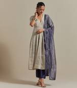Silver paneled embroidered silver zari anarkali kurta dupatta set