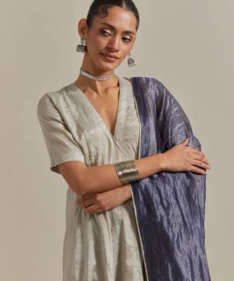 Silver paneled embroidered silver zari anarkali kurta dupatta set 2
