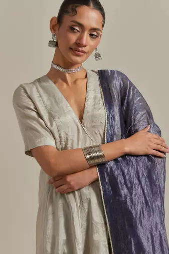 Silver paneled embroidered silver zari anarkali kurta dupatta set
