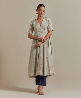 Silver paneled embroidered silver zari anarkali kurta dupatta set 3