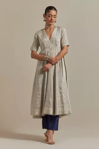 Silver paneled embroidered silver zari anarkali kurta dupatta set